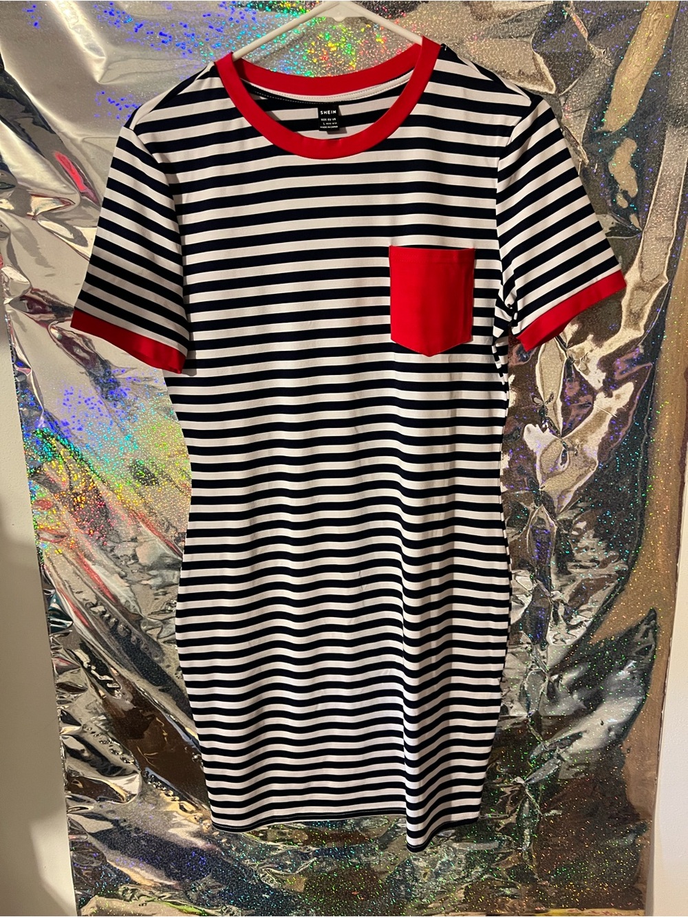 SHEIN Navy & White Striped Tee with Red Trim